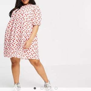 ASOS DESIGN Curve short sleeve smock mini dress in white and red floral print